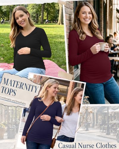 3 Pack Women Maternity Shirts Scrub Tops Side Ruched - color: Black, Navy Blue, Wine Red, size: Small