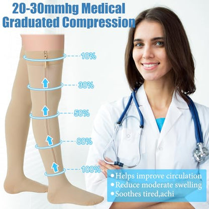 Sosation Thigh High Zipper Compression Socks Women - color: Beige, size: XX-Large