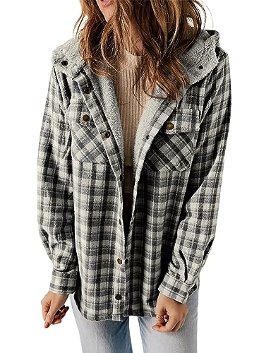 Dokotoo Womens Plaid Shacket Jacket Warm Fleece Hooded Jackets Winter Coats - color: Black, size: Small