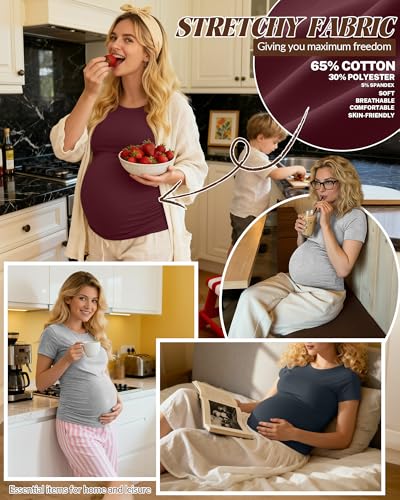 Huukeay 4 Pack Women's Short Sleeve Maternity Tops - color: Dark Gray, Burgundy, Coffee, Light Heather Gray, size: Small