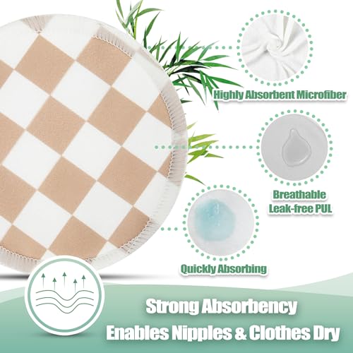 wegreeco Nursing Breast Pads (14 Pack) + Laundry Bag & Travel Storage Bag, 4.7 inch Option - Washable & Reusable Breastfeeding Nursing Pads (Light Coffee Checkerboard, Large, Plain Shape) - color: Light Coffee Checkerboard, Plain Shape, size: Large