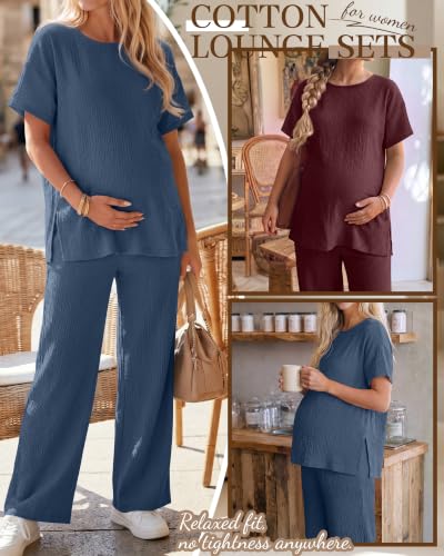 Ficerd 4 Pcs 100% Cotton Muslin Maternity Pajamas Lounge Sets - color: Blue, Wine Red, size: Medium