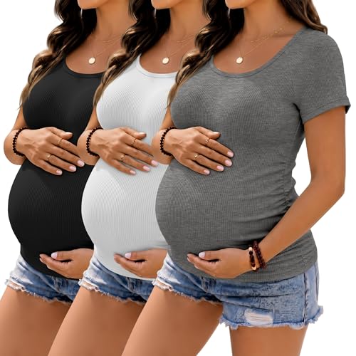 3 Pack Women's Maternity Tops - color: Heather Gray, White, Black, size: Small