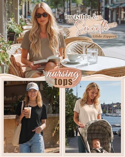 3 Pack Nursing Tops for Women - color: Beige, Coffee, Black, size: Large