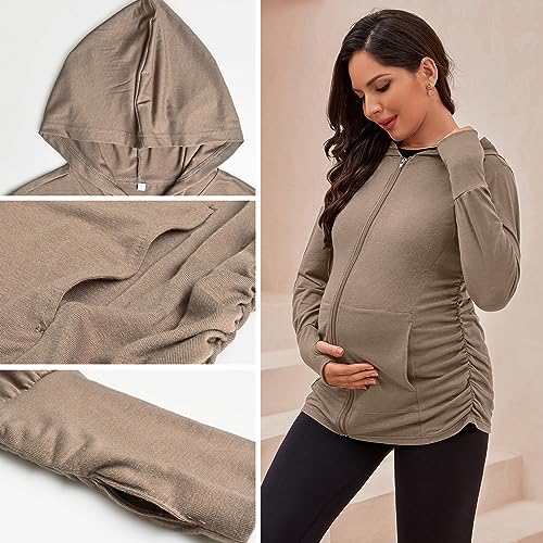 DEBELLY Maternity Sweatshirt Zip Up Hoodie Pockets Pregnancy Postpartum - color: Coffee, size: Medium