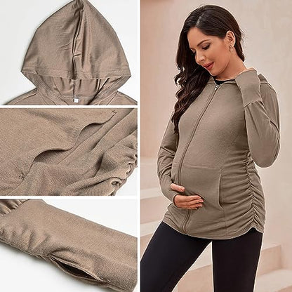 DEBELLY Maternity Sweatshirt Zip Up Hoodie Pockets Pregnancy Postpartum - color: Coffee, size: Medium