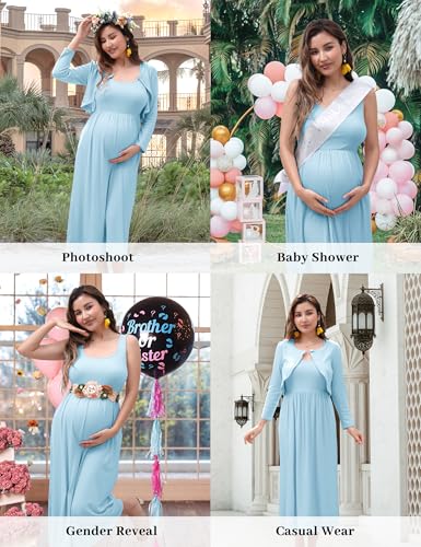 2 PCS Maternity Dress with Cardigan Set, Tank Maxi Pregnancy Dresses - color: Dusty Blue, size: Large