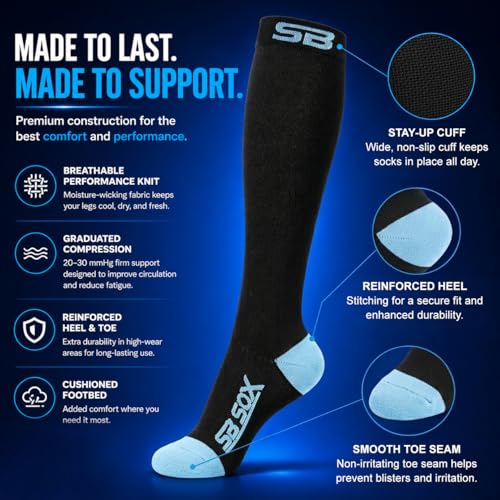 SB SOX Compression Socks for Men & Women (20-30mmHg) - color: Black/Blue, size: Small