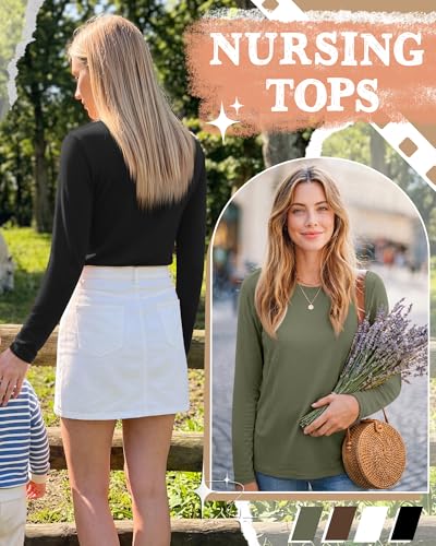 4 Pack Nursing Breastfeeding Tops with Hidden Zipper - color: Army Green, Brown, White, Black, size: Large