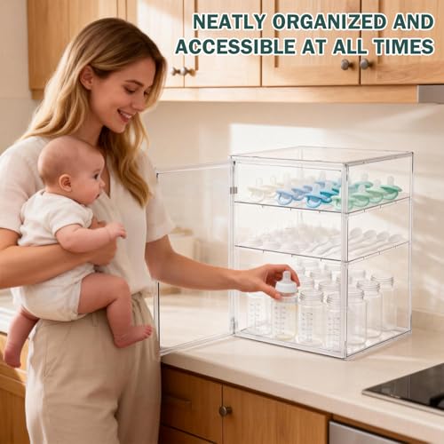 Baby Bottle Storage Organizer for Countertop with 2 Adjustable Dividers - size: Extra Large, style: 3-Tier Single-Door