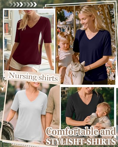 4 Pack Women Nursing Shirts Breastfeeding Tops - color: Burgundy, Navy Blue, White, Black, size: Large