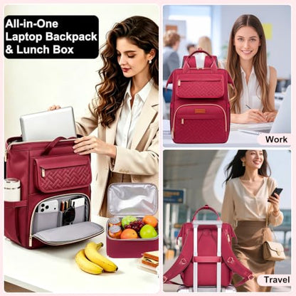 Lunch Backpack For Women, 15.6 Inch Laptop Backpack with Lunchbox - color: Winered