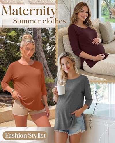 3 Pack Women's 3/4 Sleeve Maternity Loose Crewneck Tops - color: Burgundy, Mixed Gray, Pumpkin, size: Small