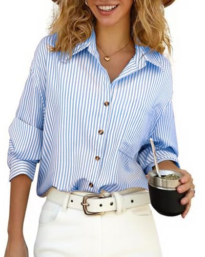 CHYRII Women's Striped Button Down Long Sleeve Blouse - color: Indigo Blue-7174, size: X-Large