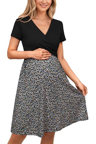 OUGES Women's Wrap V Neck Summer Casual Maternity Nursing Dress - color: Black Floral, size: Large