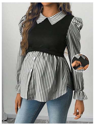 WDIRARA Women's Maternity Striped Button Down Shirts Long Sleeve Collared Blouse 2 in 1 Nursing Top - color: Black, size: Medium