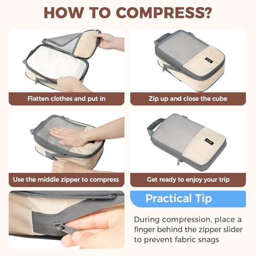 BAGAIL Lightweight Compression Packing Cubes for Travel, 6 Set, Beige - color: Beige