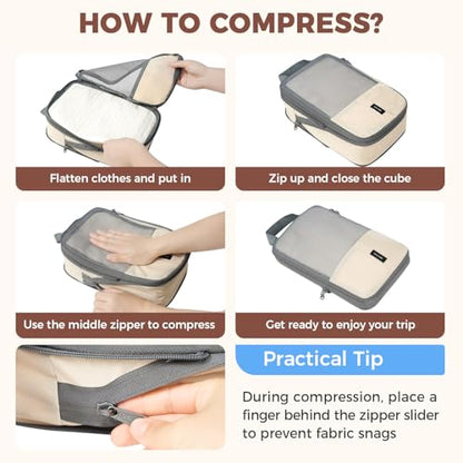BAGAIL Lightweight Compression Packing Cubes for Travel, 6 Set, Beige - color: Beige
