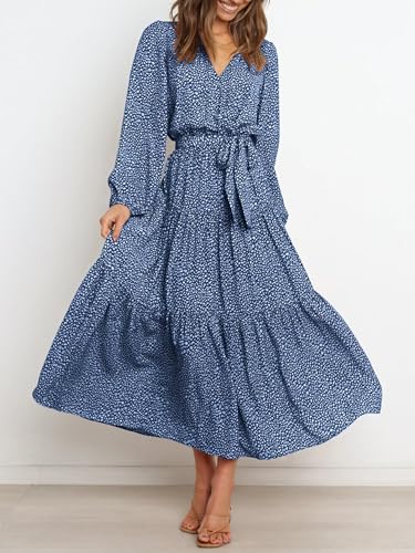 PRETTYGARDEN Womens Long Sleeve Boho Floral Wrap Maxi Dress - color: Blue, size: Small