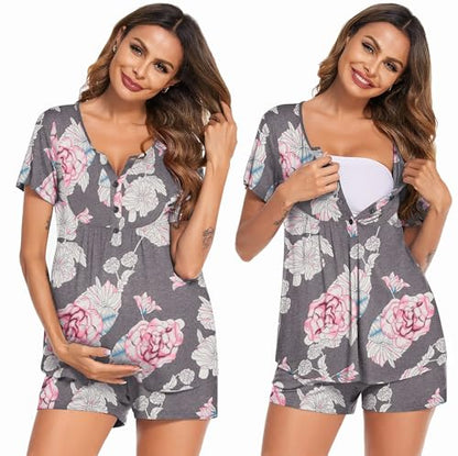 Ekouaer Women Maternity Nursing Pajama Sets Short Sleeve Postpartum Pajamas - color: Gray Flower, size: Small