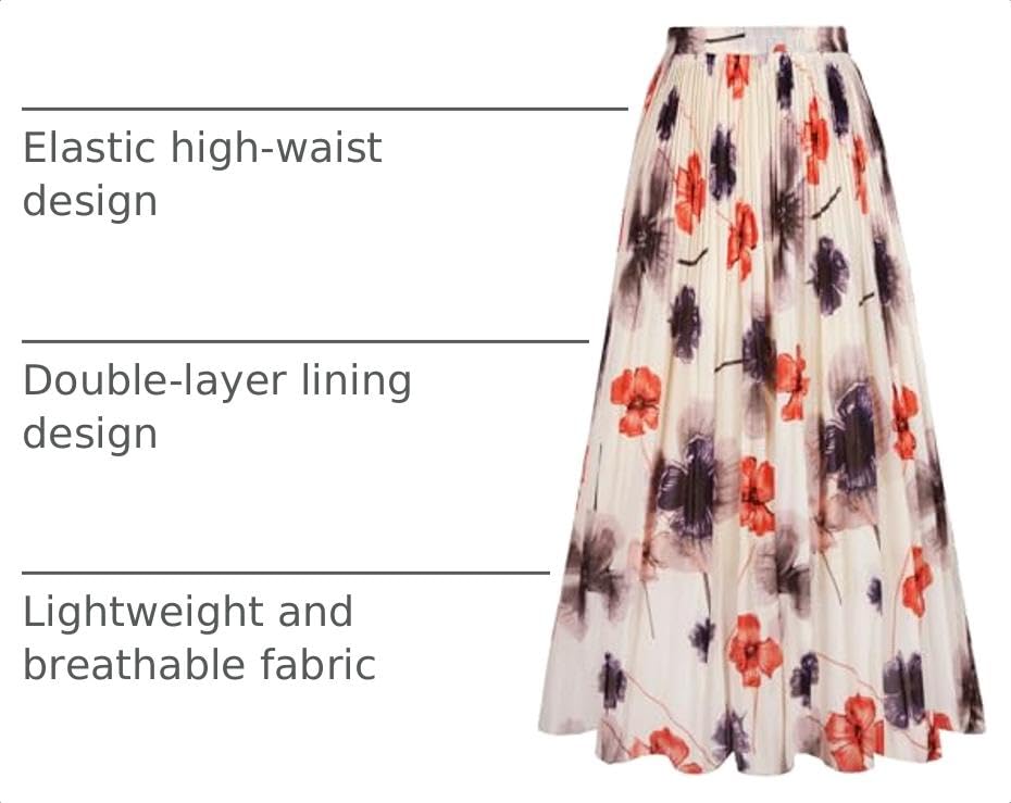OBBUE Women's Chiffon Pleated Skirt A-line Skirts - color: Beige Flower, size: Medium