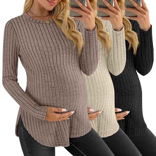 3 Pack Maternity Shirts Pregnancy Sweaters Tunic Tops - color: Coffee, Apricot, Black, size: Medium
