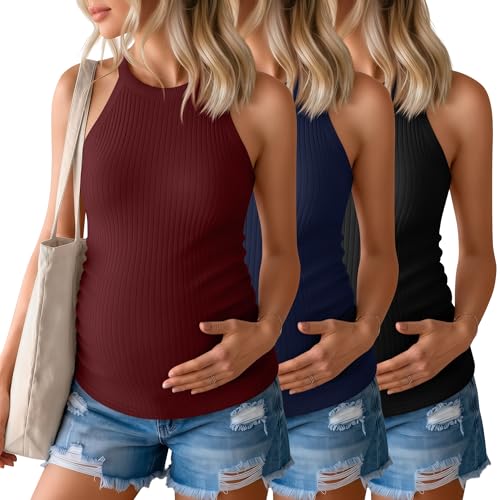 3 Pack Women's Maternity Tank Tops - color: Black, Navy Blue, Wine Red, size: Large