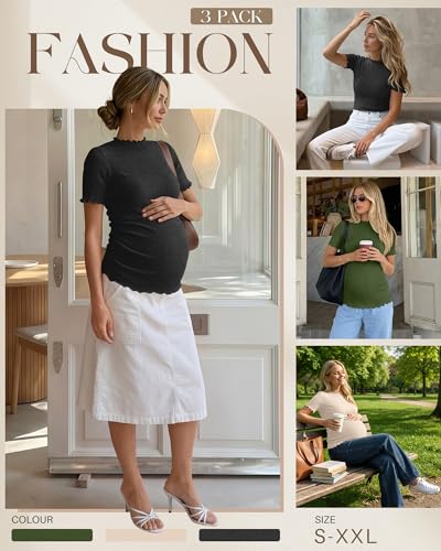 3 Pack Women's Ribbed Maternity Tops - color: Army Green, Beige, Mixed Black, size: Small