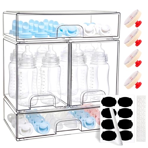 Baby Bottle Organizer, Stackable Storage Drawers with Labels and Hooks