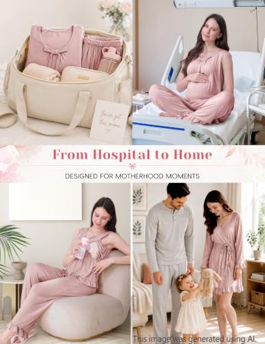 SUNNYBUY 3 PCS Ruffle Maternity Nursing Pajamas Set & Robe for Postpartum - color: Dusty Rose, size: Medium