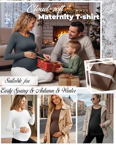 Huukeay 4 Pack Women's Maternity T-Shirts Long Sleeve Shirts - color: Black, Dark Gray, White, Coffee, size: X-Large