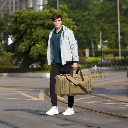 50L Expandable Canvas Duffle Bag Weekender Travel Carry On Gym - color: Khaki