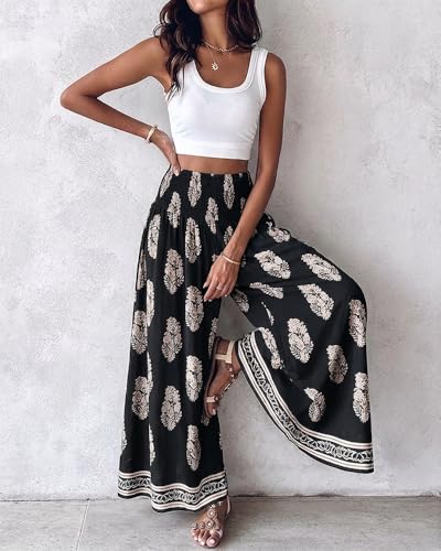 CHICME Womens Boho High Waisted Wide Leg Palazzo Pants Beach Vacation Wear - color: Black, size: Large