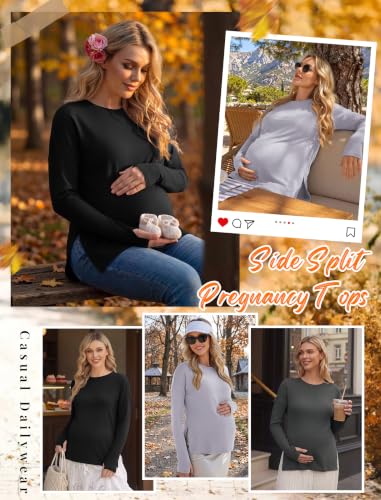 3 Pack Women Maternity Shirts Long Sleeve Pregnancy Tops with Thumb Hole - color: Light Grey/Black/Deep Army Green, size: Large