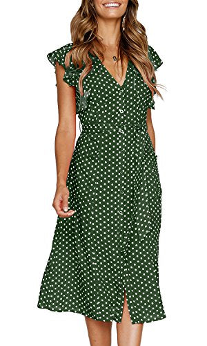 MITILLY Women's Boho Polka Dot Flutter Short Sleeve V Neck Button Down Swing Midi Dress with Pockets - color: 05 Green, size: X-Large