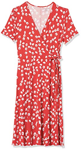 Amazon Essentials Women's Short Sleeve V Neck Faux-Wrap Dress, Fitted - color: Red Tossed Poppy, size: Small