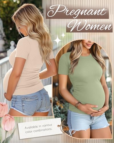 Ficerd 3 Pack Women's Short Sleeve Maternity Shirts - color: Light Green, Apricot, Yellow, size: Large