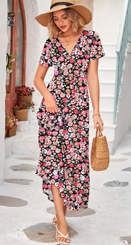 WNEEDU Women's Summer Maxi Dress Wrap Short Sleeve with Pockets - color: Black Red Flower, size: Large
