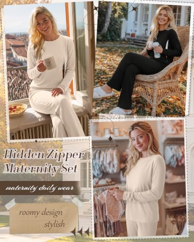 2 Pack Maternity Nursing Pajamas Set - color: Beige, Black, size: Medium