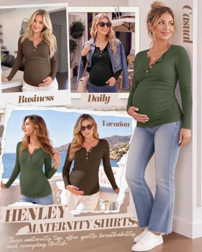 Huukeay 3 Pack Womens Maternity Long Sleeve Shirts - color: Army Green, Coffee, Black, size: Small