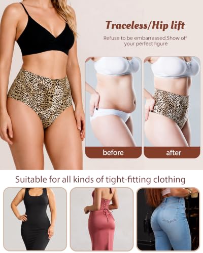 LEVAO 4-Pack Women Tummy Control Thong High Waist Seamless Underwear S-XXL - color: Black, Nude, Cool Gray Leopard Print, Caramel Leopard Print, size: Large