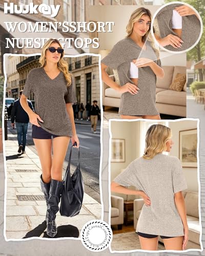 Huukeay 3 Pack Women's V Neck Nursing T-Shirts - color: Cream, Khaki, Light Coffee, size: Small