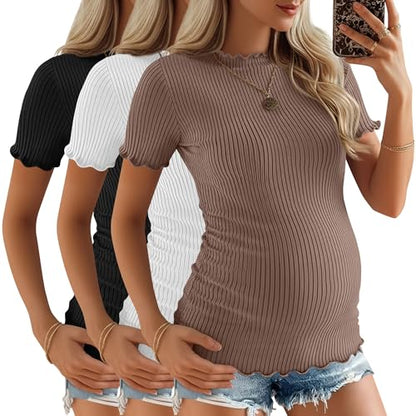 3 Pack Women's Ribbed Maternity Tops - color: Coffee, White, Black, size: Medium