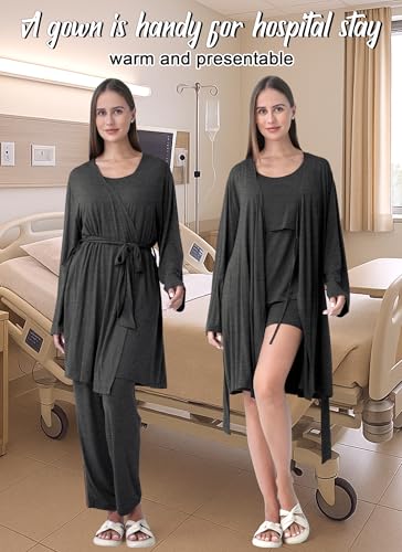 Rnxrbb 4PCS Year-Round Nursing Pajamas Robe Set Postpartum Breastfeeding Pj - color: Deep Gray, size: Small