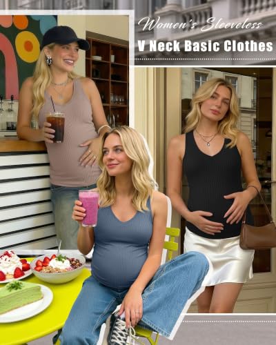 3 Pack Maternity Tank Tops Ribbed V Neck - color: Haze Blue, Khaki, Black, size: Medium