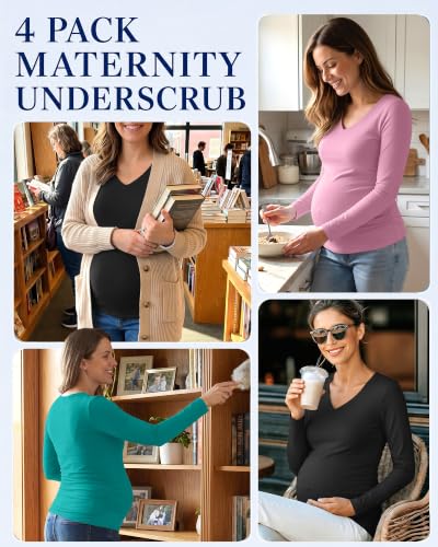 Neer 4 Pack Maternity Long Sleeve V Neck Under Scrub Tops - color: Black, White, Lake Green, Light Pink, size: Small
