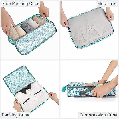 Bagail Ultralight Compression Cubes 7 Set - 3 Packing Cubes, 3 Organizers, and 1 Shoe Bag - color: The Leaf, style: Cloth Pattern