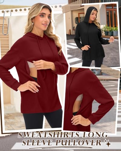 Ficerd 2 Pack Women‘s Nursing Waffle Hoodies with Hidden Zipper - color: Wine Red, Black, size: Small