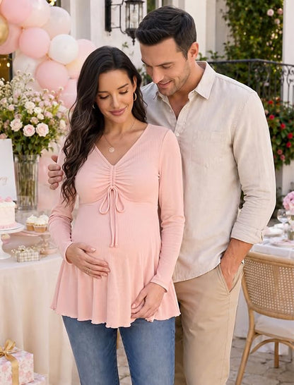 Genhoo Womens Long Sleeve Maternity Tops Ribbed V Neck Maternity Shirts - color: Dusty Pink, size: Small