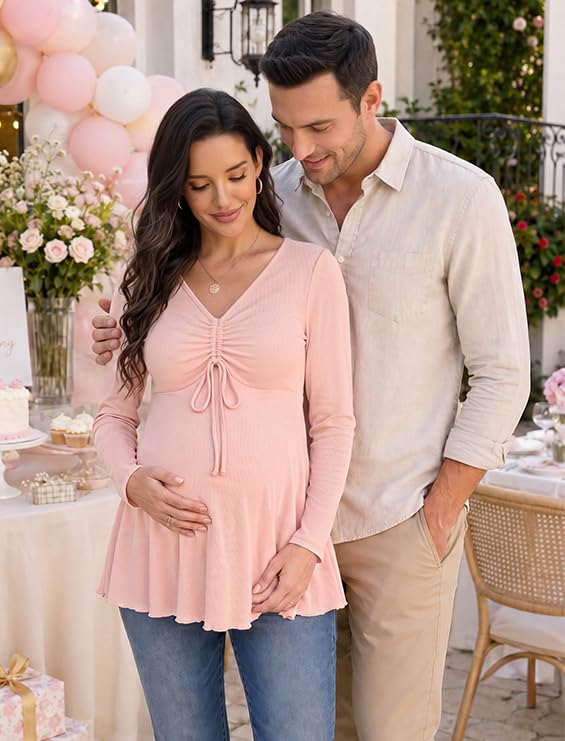 Genhoo Womens Long Sleeve Maternity Tops Ribbed V Neck Maternity Shirts - color: Dusty Pink, size: Medium